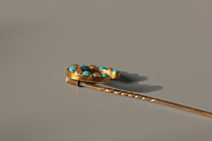 Antique victorian pearl & turquoise lucky horseshoe pin, in 18 carat gold