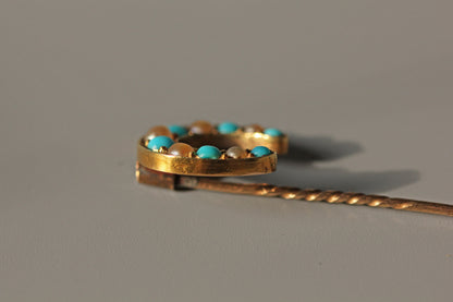 Antique victorian pearl & turquoise lucky horseshoe pin, in 18 carat gold