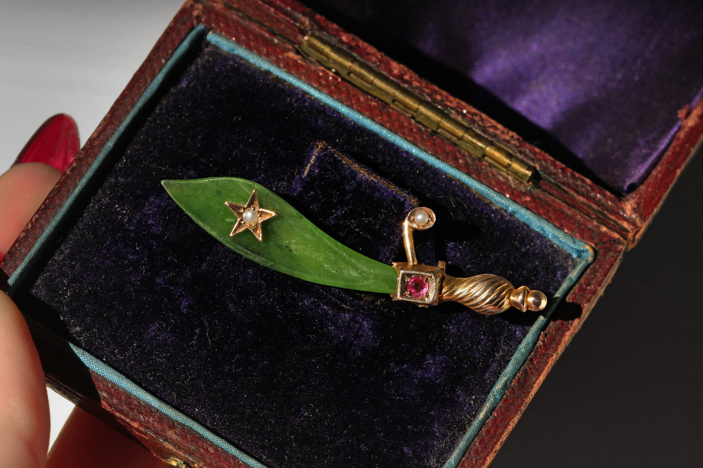 Victorian novelty brooch designed as an Eastern style sword with nephrite jade blade
