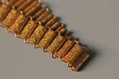 Antique victorian book chain panel link articulated bracelet, in gold gilt