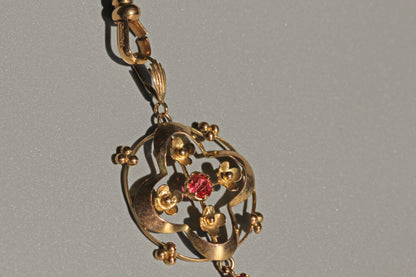 Antique art nouveau ruby paste lavaliere pendant, in 9 carat gold