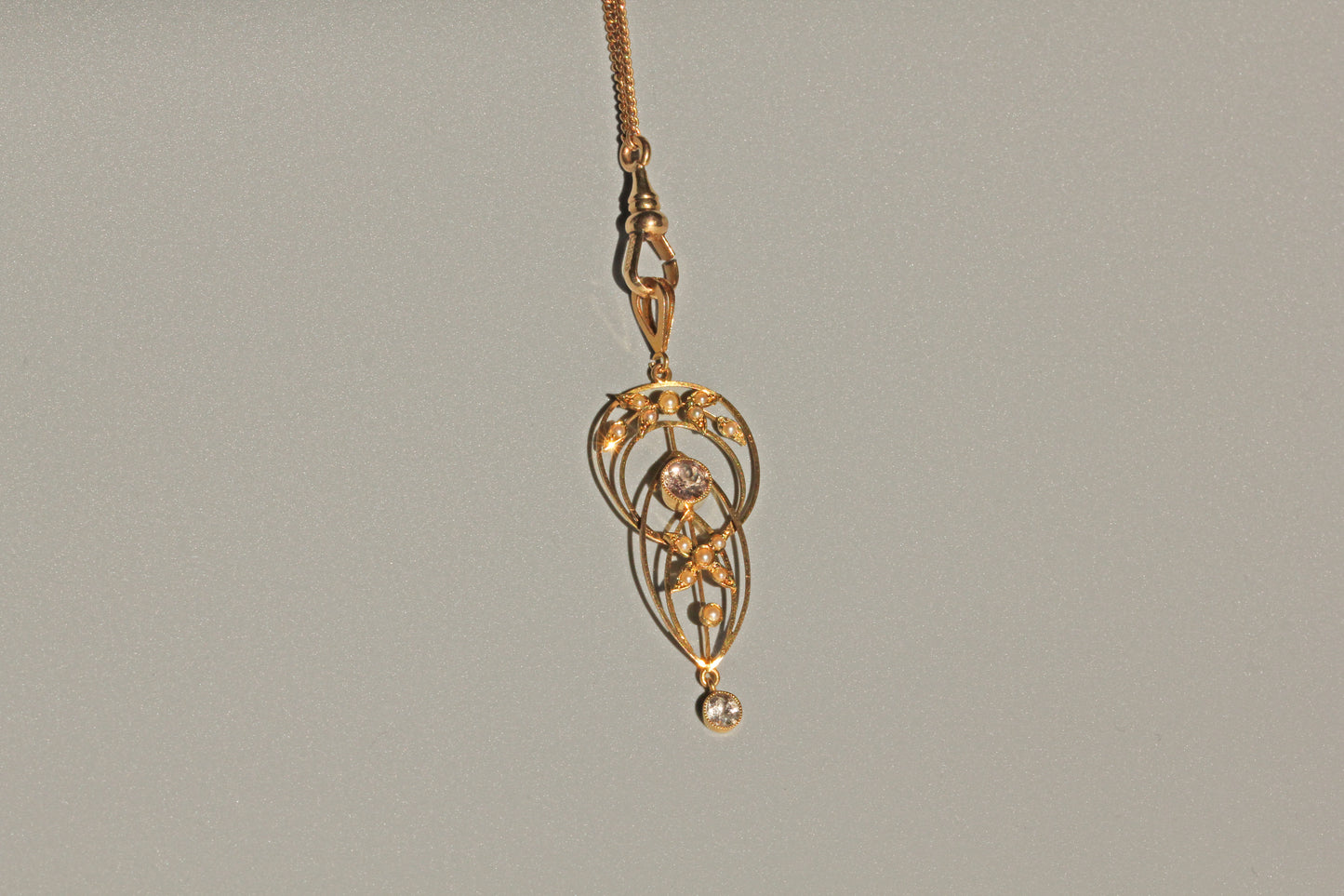 Antique art nouveau zircon & seed pearl lavaliere pendant, in 9 carat gold