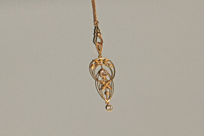 Antique art nouveau zircon & seed pearl lavaliere pendant, in 9 carat gold