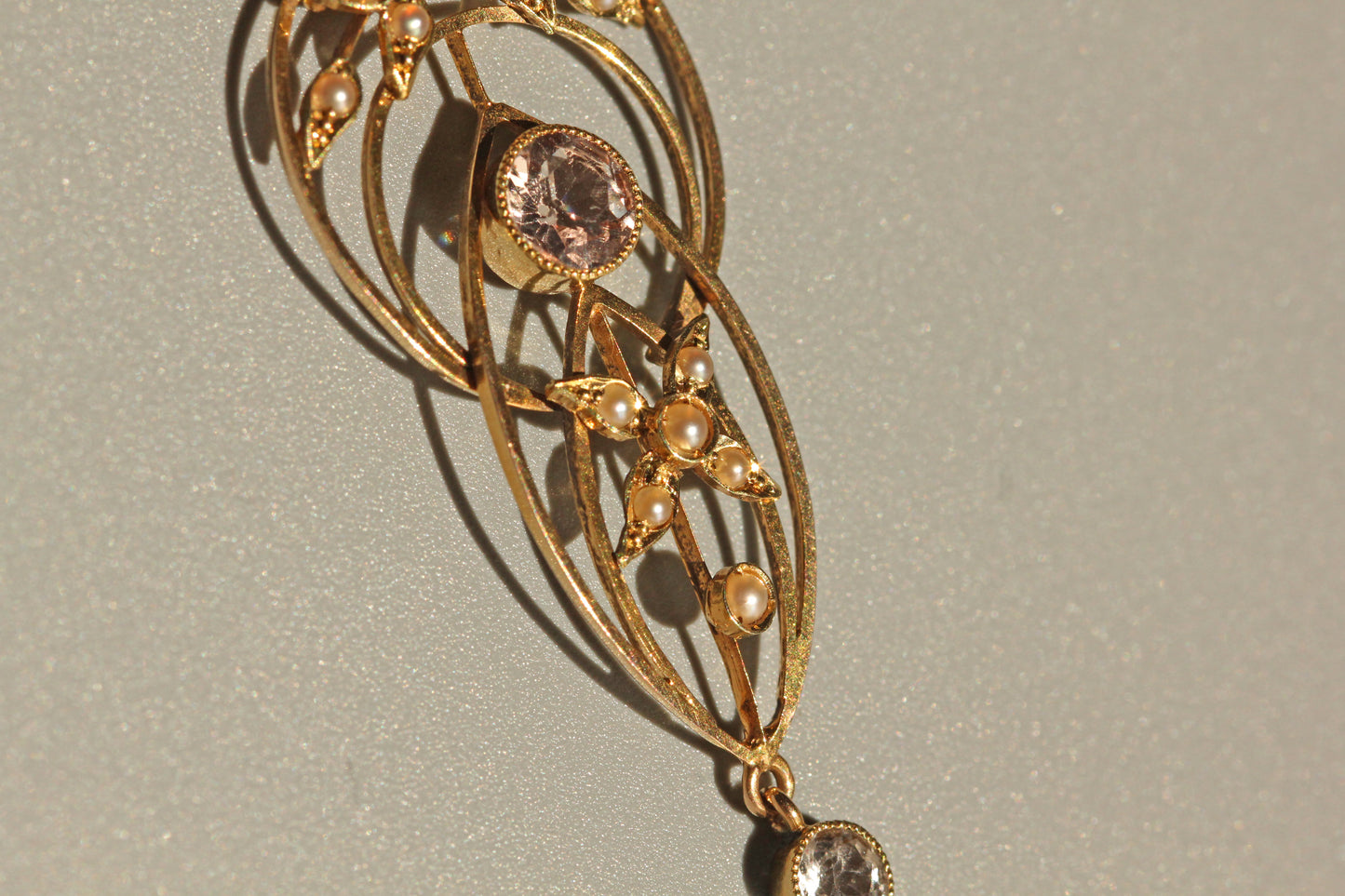 Antique art nouveau zircon & seed pearl lavaliere pendant, in 9 carat gold