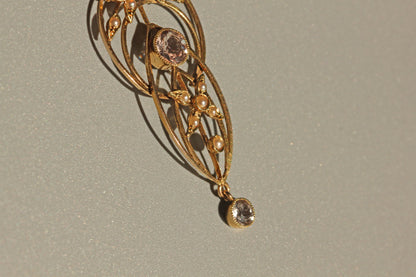 Antique art nouveau zircon & seed pearl lavaliere pendant, in 9 carat gold