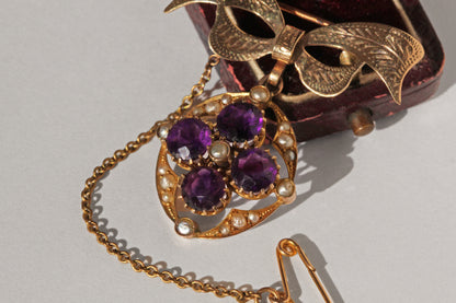 Antique victorian amethyst and pearl brooch pendant, in 9 carat gold