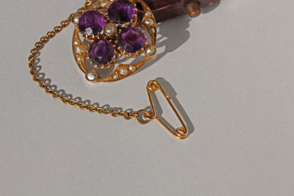 Antique victorian amethyst and pearl brooch pendant, in 9 carat gold