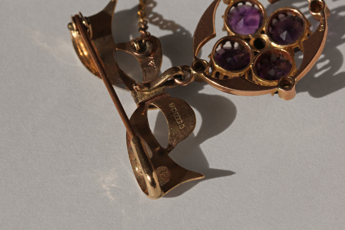 Antique victorian amethyst and pearl brooch pendant, in 9 carat gold