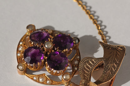 Antique victorian amethyst and pearl brooch pendant, in 9 carat gold