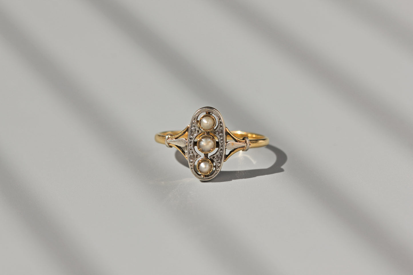 Vintage navette pearl and diamond ring