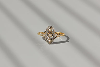 Vintage navette pearl and diamond ring
