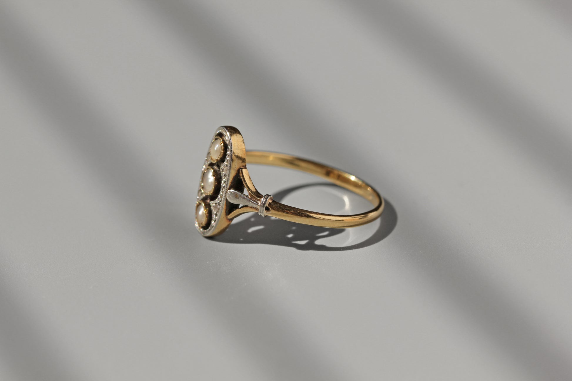 Edwardian style navette ring yellow gold
