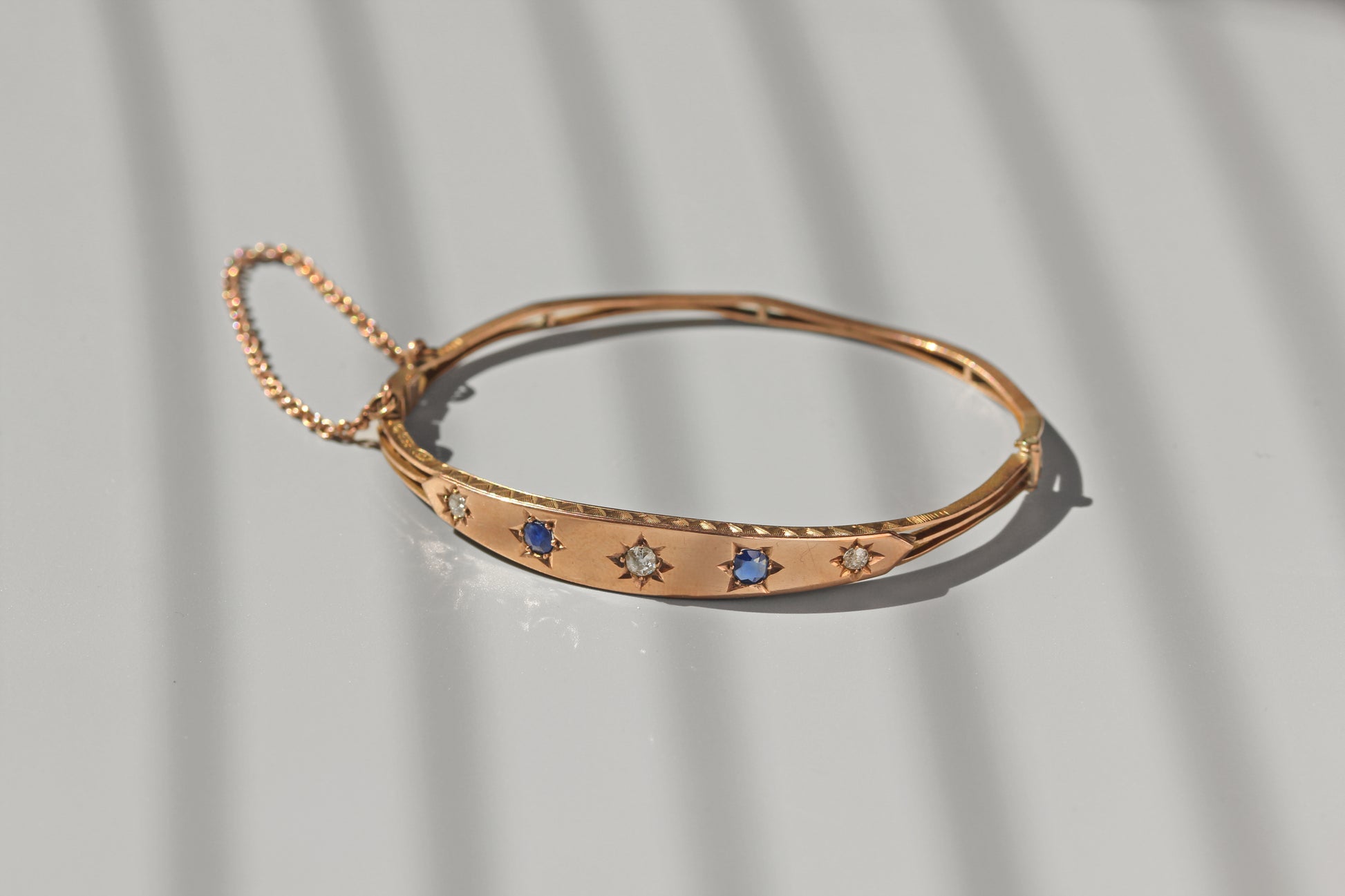 antique rose gold celestial sapphire and diamond bangle
