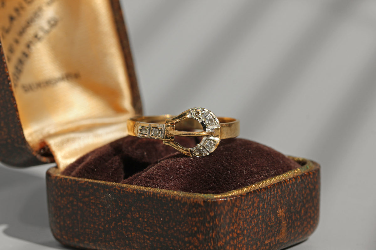 Vintage diamond belt buckle ring in 9 carat gold
