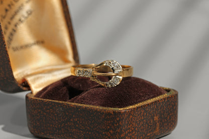 Vintage diamond belt buckle ring in 9 carat gold
