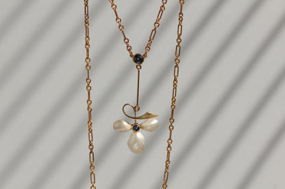 Antique edwardian sapphire & baroque pearl necklace, in 15 carat gold