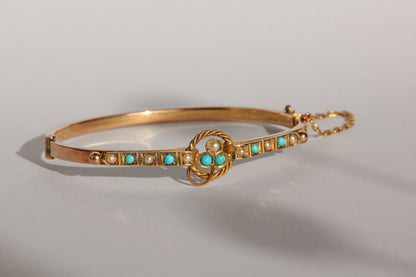 Antique turquoise and pearl ivy or clover bangle, in 9 carat gold