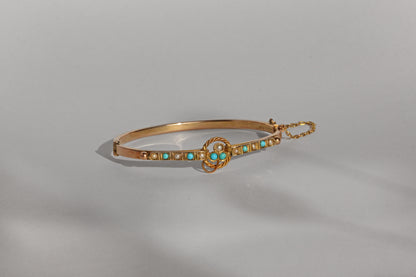 Antique turquoise and pearl ivy or clover bangle, in 9 carat gold