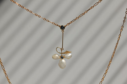 Antique edwardian sapphire & baroque pearl necklace, in 15 carat gold