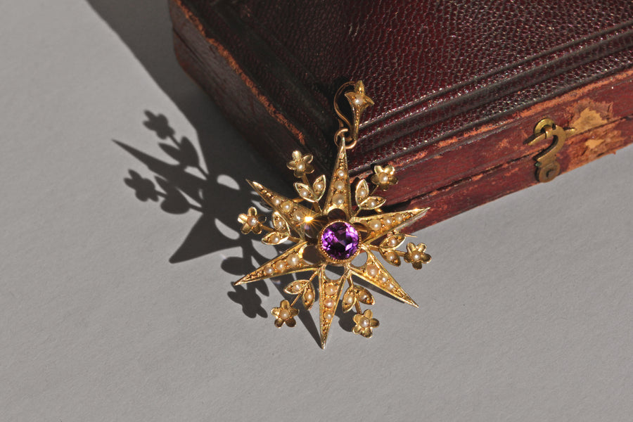 Antique Victorian amethyst and seed pearl star brooch pendant in 9 carat gold