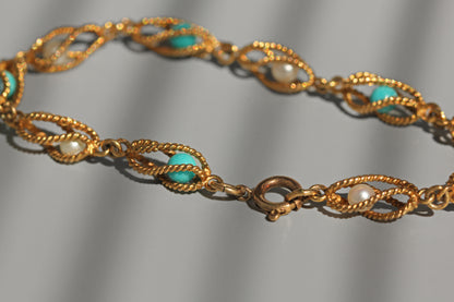 Vintage pearl & amazonite bracelet, in 9 carat gold