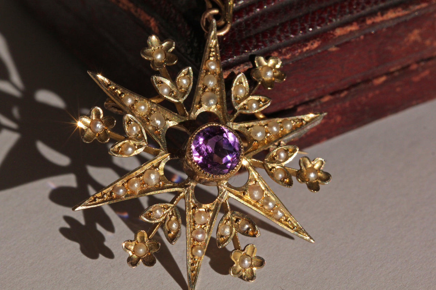 Victorian celestial brooch pendant with amethyst and pearls
