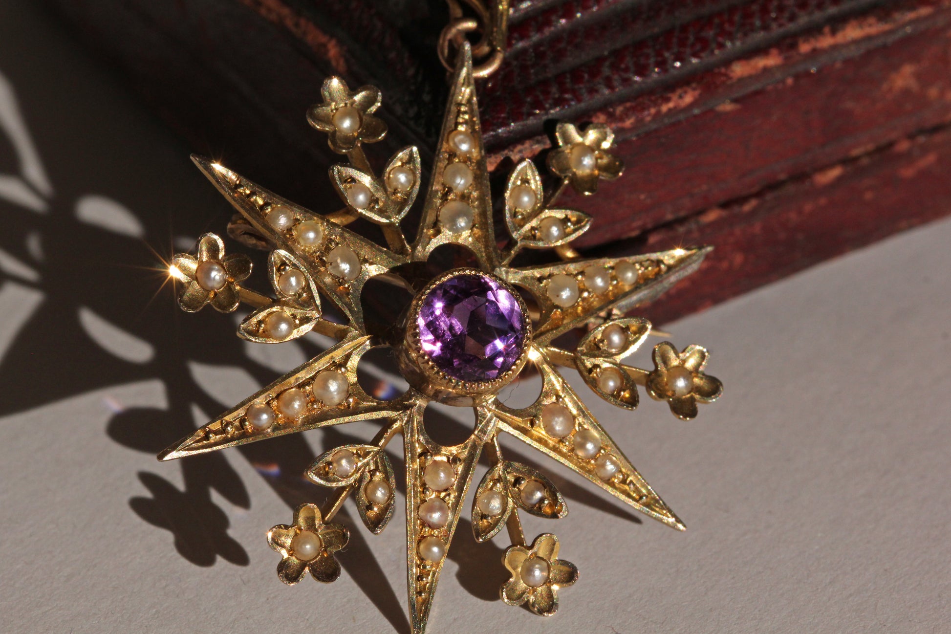Victorian celestial brooch pendant with amethyst and pearls

