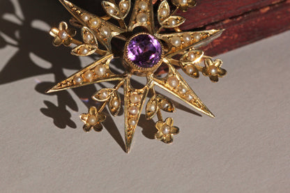 Antique victorian amethyst and seed pearl star brooch pendant, in 9 carat gold