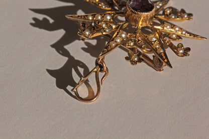 Antique victorian amethyst and seed pearl star brooch pendant, in 9 carat gold