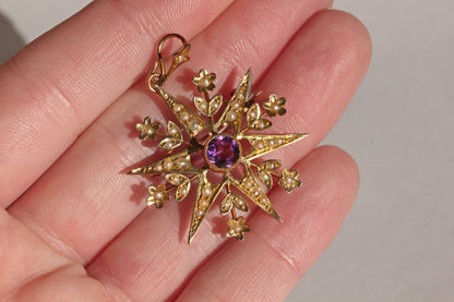 Close up of Victorian star pendant with central amethyst
