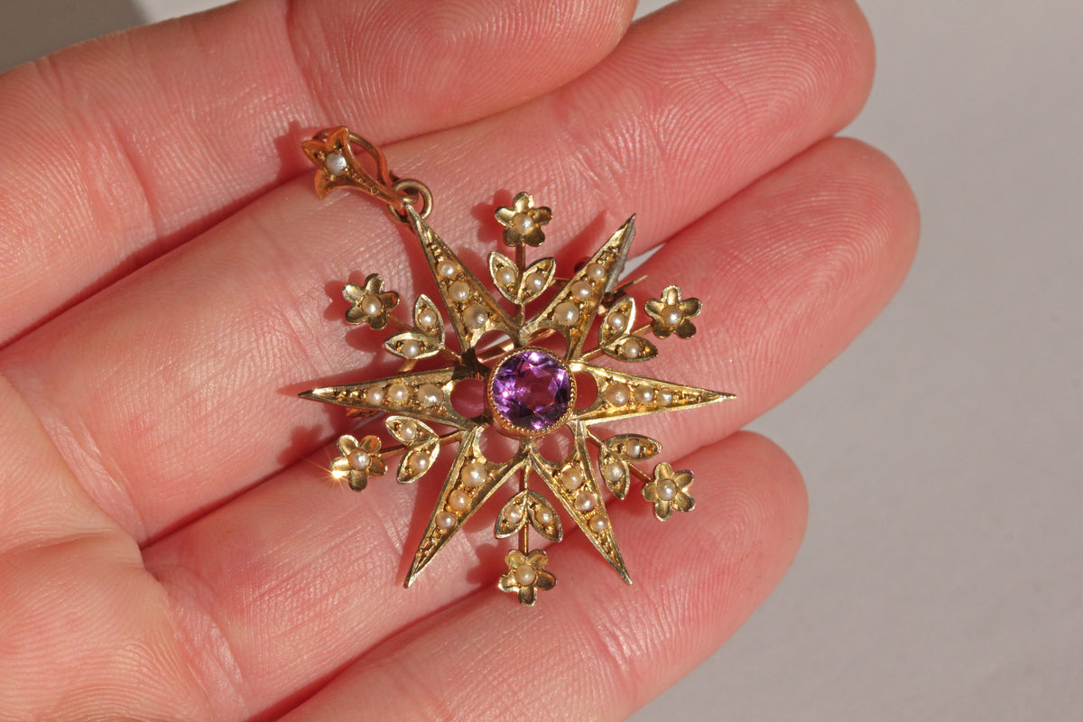 Antique Victorian amethyst and seed pearl star brooch pendant in 9 carat gold