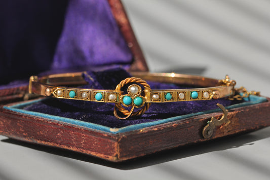 victorian gold bangle with turquoise and pearls in 9 carat gold