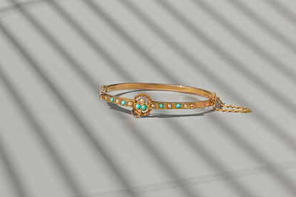 Antique turquoise and pearl ivy or clover bangle, in 9 carat gold
