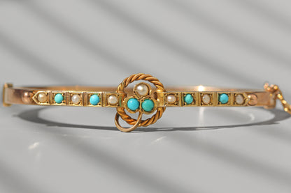 Antique turquoise and pearl ivy or clover bangle, in 9 carat gold