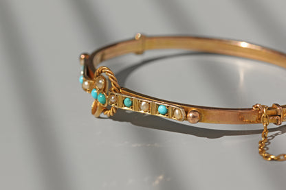 Antique turquoise and pearl ivy or clover bangle, in 9 carat gold