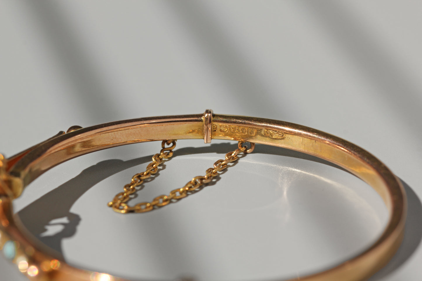 Antique turquoise and pearl ivy or clover bangle, in 9 carat gold
