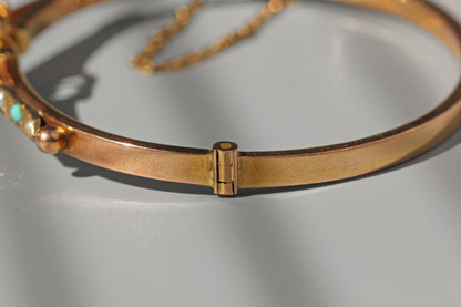 Antique turquoise and pearl ivy or clover bangle, in 9 carat gold