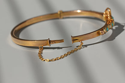 Antique turquoise and pearl ivy or clover bangle, in 9 carat gold