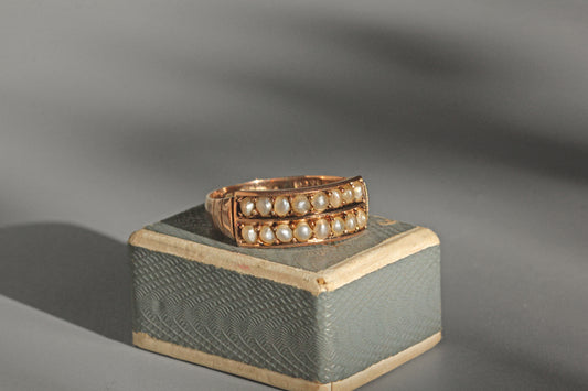 Antique Victorian pearl half hoop band ring in 9 carat gold