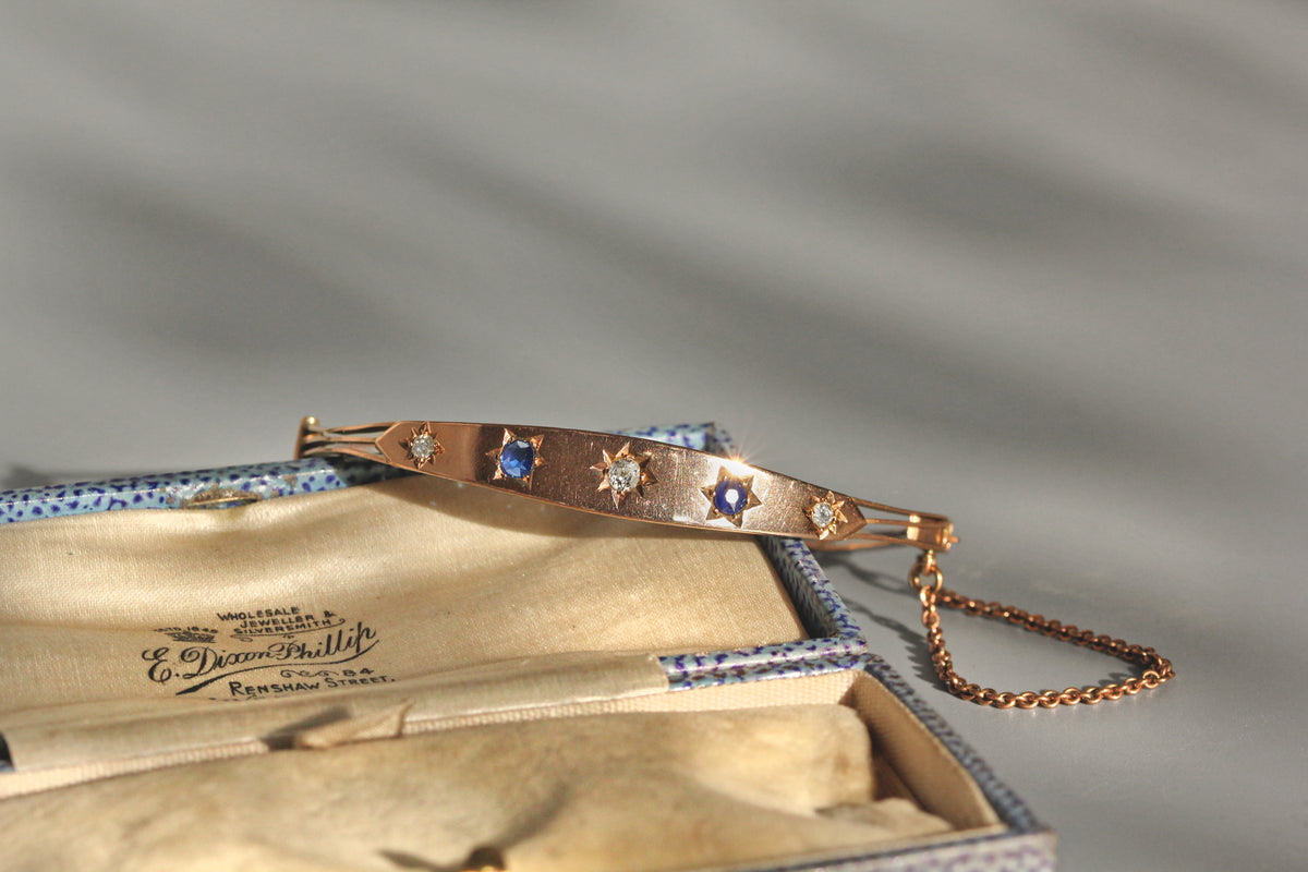 Side view of Victorian sapphire and diamond bracelet