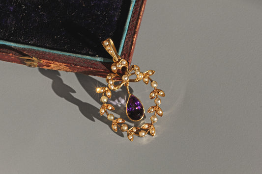Antique Victorian amethyst and pearl pendant in 9 carat gold