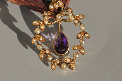Antique victorian pearl and amethyst pendant, in 9 carat gold