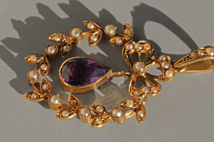 Antique victorian pearl and amethyst pendant, in 9 carat gold