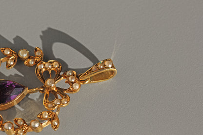 Antique victorian pearl and amethyst pendant, in 9 carat gold