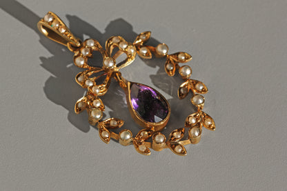 Antique victorian pearl and amethyst pendant, in 9 carat gold