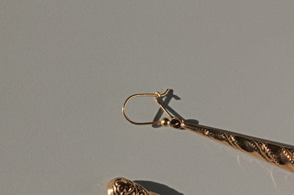 Vintage puffy torpedo drop earrings with forget-me-not flowers, in 9 carat gold