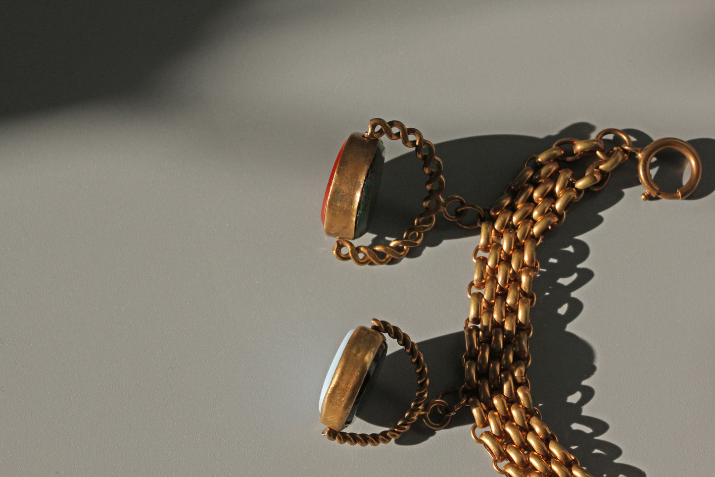 Antique victorian spinning fob link charm bracelet, in rolled gold