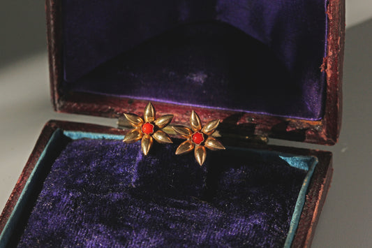 Antique Victorian coral flower stud earrings in 18 carat gold in antique box