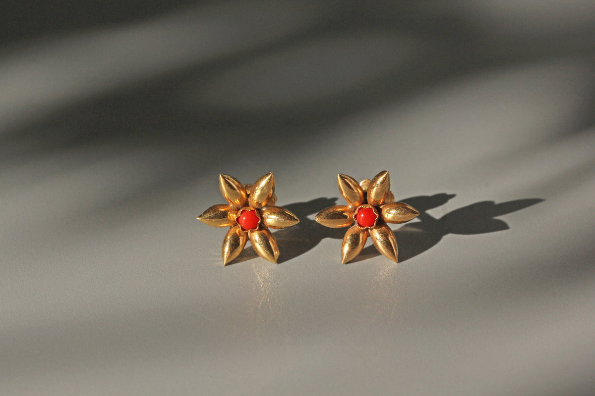 Back view of Victorian coral stud earrings with screw backs