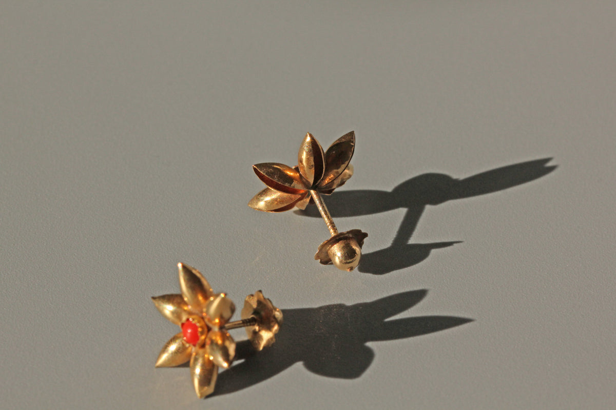 Back view of Victorian coral stud earrings with screw backs